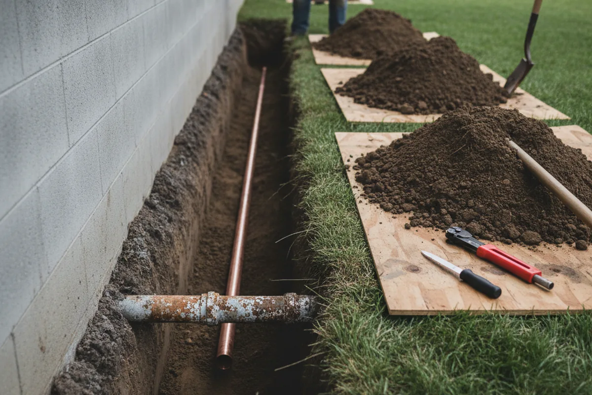 Excavated water line trench during Water Heater Repair in Linden